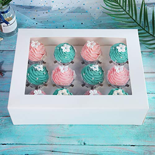 15 cajas para magdalenas blancas, 12 soportes, One MORE para portarrollos de tartas de grado alimentario, 35 x 24 x 10 cm, con inserciones y ventanas de PVC para 12 magdalenas o magdalenas de cavidad