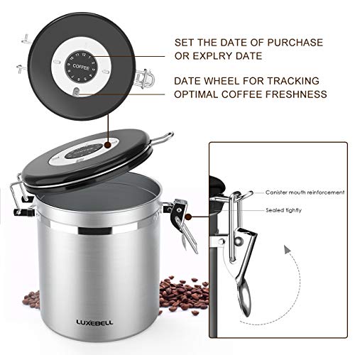 1.5L Contenedor de Café de Acero Inoxidable, Luxebell Tiempo de Recordatorio de los Granos de Café/Azúcar/Tea Canister Set con una Cuchara