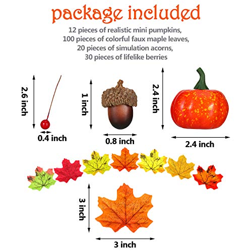 162 Piezas Conjuntos de Fruta Nuez Realista, incluye Mini Calabaza Artificial, Hojas de Arce de Simulación, Bellota Falsa, Bayas Realistas para Decoración de Halloween Acción de Gracias Fiesta de Casa