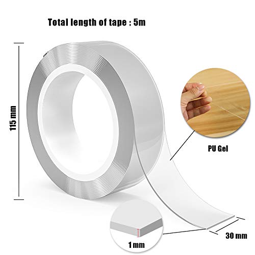 16.4ft/5M Cinta Adhesiva de Doble Cara - Cinta Doble Cara,Lavable Adhesivo Cinta Nano Tape,Cinta Lavable,Reutilizable,para Pared,Cocina,Alfombra,Fijación de Fotos