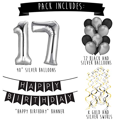 17th Bday Silver Paquete para Fiesta de Cumpleaños Número 17 “Happy Birthday”- Paquete con Banderín de Feliz Cumpleaños Negro y Plateado, Globos y Serpentinas- Decoración para Cumpleaños
