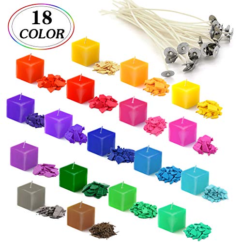 18 chips de cera para velas de soja con 20 mechas de velas, tinte de color para derretir cera, velas de bricolaje, 5 g cada paquete, total 90 g/3.2 oz (18 colores)