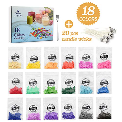 18 chips de cera para velas de soja con 20 mechas de velas, tinte de color para derretir cera, velas de bricolaje, 5 g cada paquete, total 90 g/3.2 oz (18 colores)