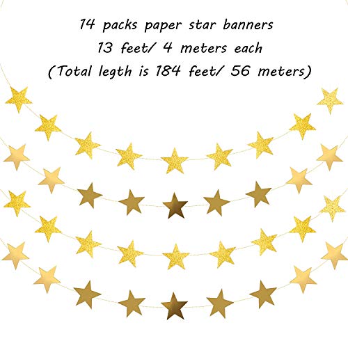 184 Pies Guirnalda de Papel de Estrella Guirnalda de Banderines de Estrellas Brillantes 14 Guirnalda de Estrellas Decoración Colgantes para Boda Cumpleaños Fiesta Navidad, Dorado y Dorado Brillante