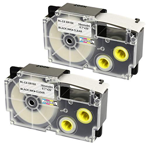 2 Casetes de Cinta compatibles con Casio XR-18X XR-18X1 Negro sobre Transparente 18mm x 8m para Casio KL-60 70E 100 100E 120 200 200E 300 750 780 820 2000 7000 7200 7400 8100 8200 P1000 C500 CW-L300