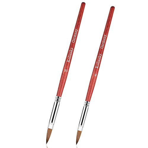 2 Cepillos de Kolinsky Sable Cepillo de Uñas de Acrílico Cristal con Mango de Madera Cepillo de Uñas Ondulado Ovalado Pluma Pincel de Uñas Redonda para Herramientas de Maricura, Talla 8, Talla 10
