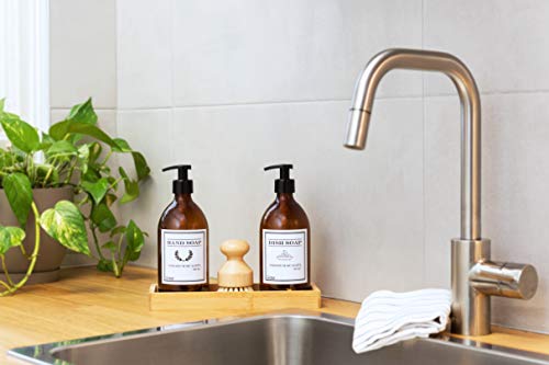 2 Dispensador Jabón Cristal Vidrio Ambar 500ml Botellas Dosificador Estilo Vintage + Cepillo Bambú Cerdas Naturales