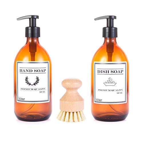 2 Dispensador Jabón Cristal Vidrio Ambar 500ml Botellas Dosificador Estilo Vintage + Cepillo Bambú Cerdas Naturales