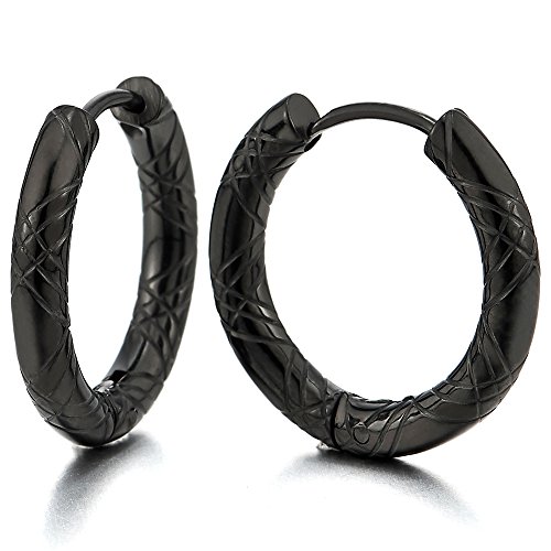 2 Negro Acanalados Círculo Pendientes del Aro, Pendientes para Hombre Mujer, Acero Inoxidable(12MM)