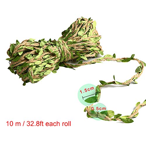 (2 Rollos) OOTSR Cuerda de cáñamo de hoja artificial, (10m / Rollo) Cinta de hilo de yute natural trenzada con hojas falsas para envolver regalos/Fiesta/Decro y artesanía (Verde)