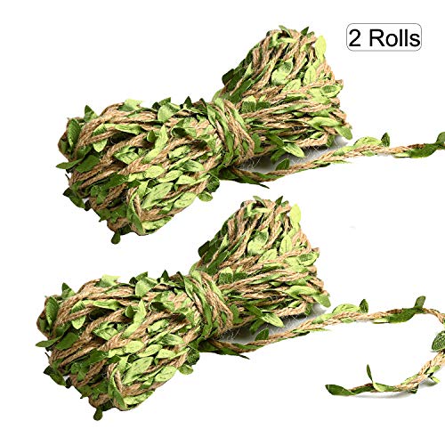 (2 Rollos) OOTSR Cuerda de cáñamo de hoja artificial, (10m / Rollo) Cinta de hilo de yute natural trenzada con hojas falsas para envolver regalos/Fiesta/Decro y artesanía (Verde)