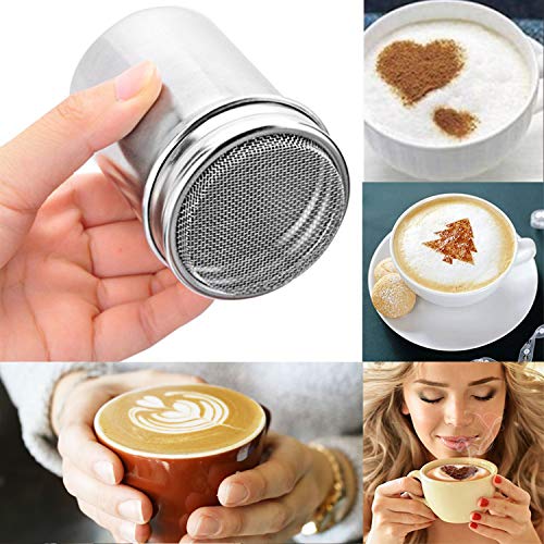 2 Tamaños 304 Stainless Steel Chocolate Shaker Agitadores de Polvo Salero Agitador para Icing Sugar Salt Pimienta Cappuccinos Cocoa Flour Coffee Sifter con Tapa, 24 plantillas de estarcido