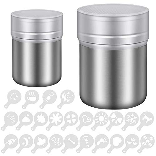 2 Tamaños 304 Stainless Steel Chocolate Shaker Agitadores de Polvo Salero Agitador para Icing Sugar Salt Pimienta Cappuccinos Cocoa Flour Coffee Sifter con Tapa, 24 plantillas de estarcido