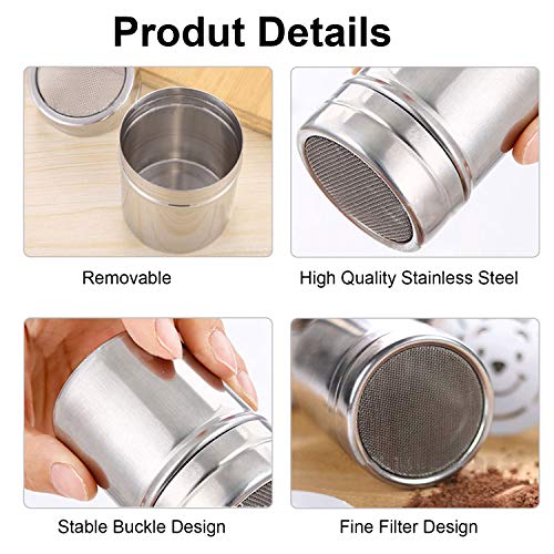 2 Tamaños 304 Stainless Steel Chocolate Shaker Agitadores de Polvo Salero Agitador para Icing Sugar Salt Pimienta Cappuccinos Cocoa Flour Coffee Sifter con Tapa, 24 plantillas de estarcido