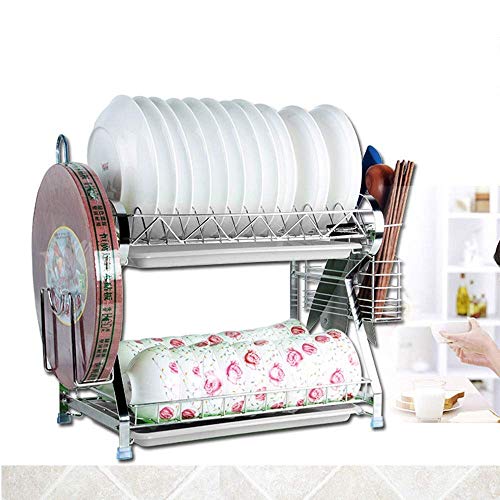 2-Tier Desague estante for platos Rack, Suministros de cocina de acero inoxidable 304 Estante de almacenamiento Escurridor con los palillos/corte del soporte for tarjetas Poyo Cubiertos Racks Bandej