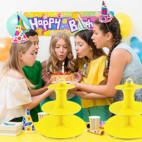 2 Unidades Soporte de Magdalenas de Cartón Amarillo de 3 Niveles, Postre Soporte para Cupcakes Redondo para Cumpleaños, Fiesta, Baby Showers