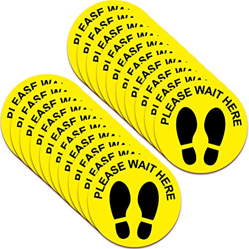 20 Pegatinas de Piso de Distancia Social Marcador de Aparte de Pies de Parada Extraíbles Señal de Distancia de Seguridad Etiqueta de Huella de Please Wait Here para Supermercado, 8 Pulgadas (Amarillo)