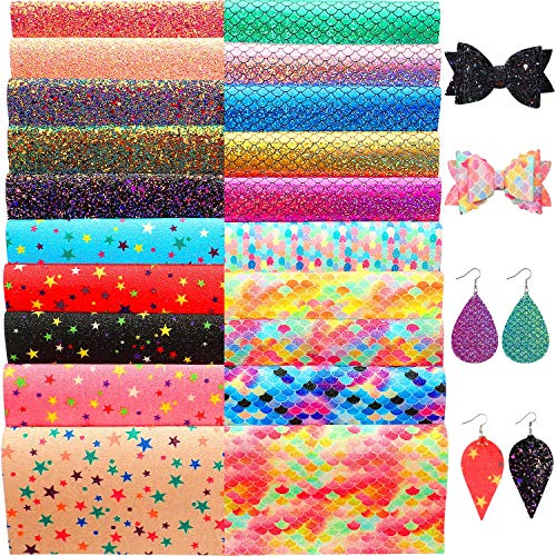 20 Piezas 4 Estilos Hoja de Tela de Piel Sintética Brillante, 6.3 x 8.3 Pulgadas Hojas de Cuero Estampadas de Escamas de Pez Sirena para Fabricación de Arcos de Pendientes de Bricolaje