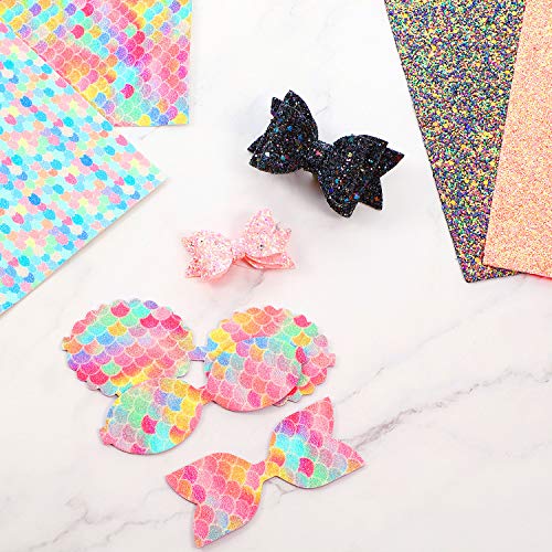 20 Piezas 4 Estilos Hoja de Tela de Piel Sintética Brillante, 6.3 x 8.3 Pulgadas Hojas de Cuero Estampadas de Escamas de Pez Sirena para Fabricación de Arcos de Pendientes de Bricolaje