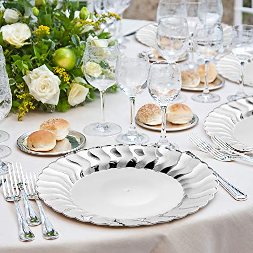 20 Premium Platos Desechables de Plástico Duro, Elegante Acabado Plateado, 22.5cm| Durable Lavable y Reutilizable| Vajilla Blanca y Plata| Bodas Fiestas Cumpleaños.