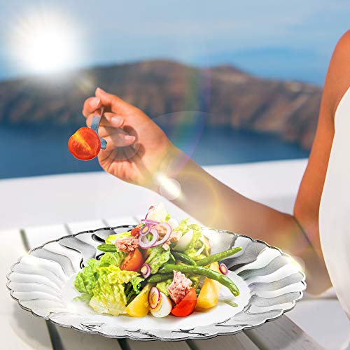20 Premium Platos Desechables de Plástico Duro, Elegante Acabado Plateado, 22.5cm| Durable Lavable y Reutilizable| Vajilla Blanca y Plata| Bodas Fiestas Cumpleaños.