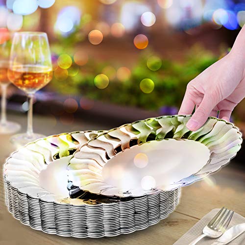 20 Premium Platos Desechables de Plástico Duro, Elegante Acabado Plateado, 22.5cm| Durable Lavable y Reutilizable| Vajilla Blanca y Plata| Bodas Fiestas Cumpleaños.