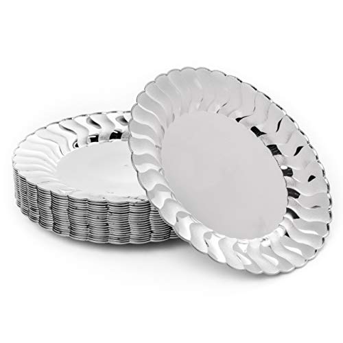 20 Premium Platos Desechables de Plástico Duro, Elegante Acabado Plateado, 22.5cm| Durable Lavable y Reutilizable| Vajilla Blanca y Plata| Bodas Fiestas Cumpleaños.