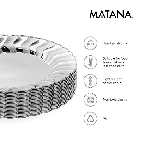 20 Premium Platos Desechables de Plástico Duro, Elegante Acabado Plateado, 22.5cm| Durable Lavable y Reutilizable| Vajilla Blanca y Plata| Bodas Fiestas Cumpleaños.