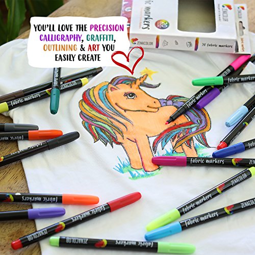 20 Rotuladores para Tela Zenacolor - Tinte Ropa No Tóxica y Indeleble, Rotulador Permanente con Punta Fina - Perfecto para Camisetas Blancas, Bolsas, Tote Bag y Otros Tejidos.