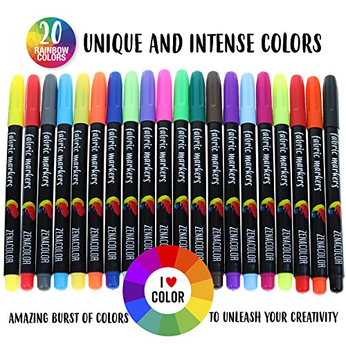 20 Rotuladores para Tela Zenacolor - Tinte Ropa No Tóxica y Indeleble, Rotulador Permanente con Punta Fina - Perfecto para Camisetas Blancas, Bolsas, Tote Bag y Otros Tejidos.