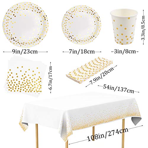 24 Invitados Platos Desechables Cumpleaños Blanco Platos Desechables Biodegradables Vasos Servilletas Pajitas de Papel Mantel Fiesta Boda Aniversario Navidad Platos Carton Blanco y Dorados