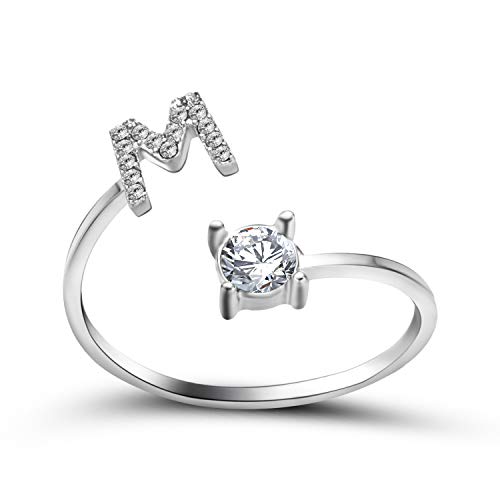 24 JOYAS Anillos Iniciales de Brillantes Ajustable con Circonitas 5A. Joyería Personalizada para Mujer, cumpleaños, Aniversario o Regalo romántico (M)