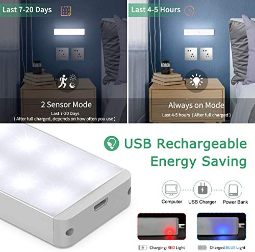 24 LEDs USB Recargable Magnético Movimiento Sensor Luces Nocturnas, Oscuridad a amanecer Célula fotoeléctrica incluido Auto en/apagado Portátil Sin cable, palo en cualquier sitio para Armario