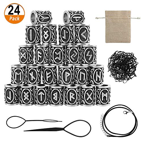 24 Piezas de Viking Runa Perlas, 300 Piezas de Banda de Goma Desechable Negros y 2 Piezas de Aguja Herramientas del Pelo para Organizar y decorar el pelo, y 1 Pulsera para Hacer Pulseras de Bricolaje