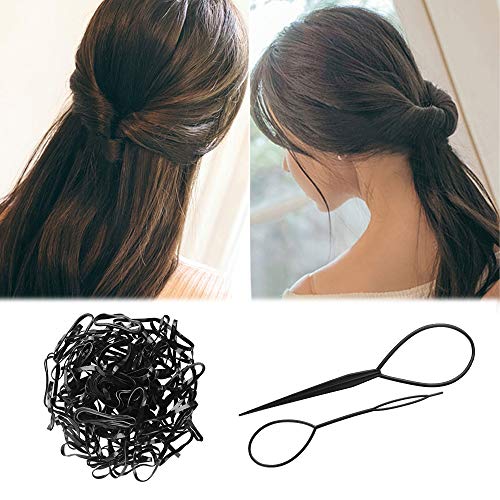 24 Piezas de Viking Runa Perlas, 300 Piezas de Banda de Goma Desechable Negros y 2 Piezas de Aguja Herramientas del Pelo para Organizar y decorar el pelo, y 1 Pulsera para Hacer Pulseras de Bricolaje