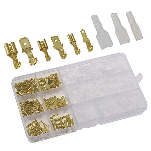 240 Piezas 2.8mm 4.8mm 6.3mm Cable Terminal Crimp Macho Femenino Spade Conector de Bloque de Terminales con Aislamiento Manga Surtido Kit Latón Plateado Oro
