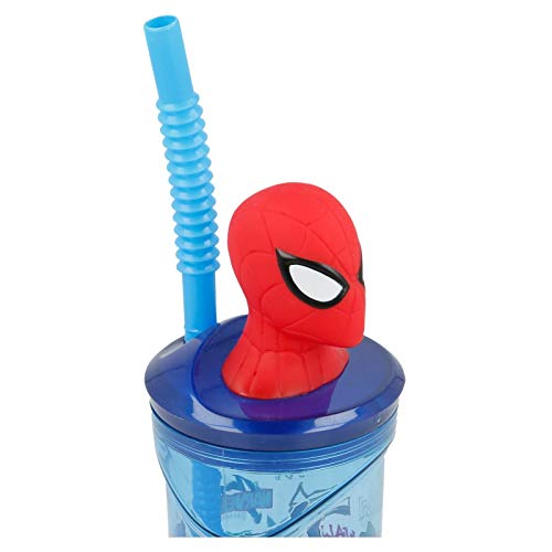 2751; vaso con caña figura 3d spiderman; producto de plástico, reutilizable; No BPA; capacidad 360 ml; dimensiones 23x7,5 cm