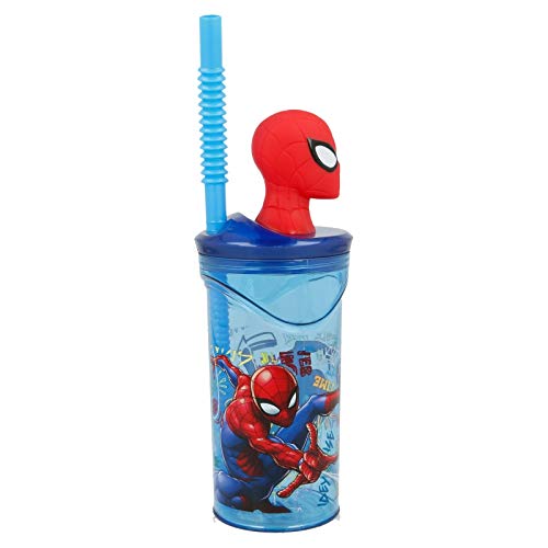 2751; vaso con caña figura 3d spiderman; producto de plástico, reutilizable; No BPA; capacidad 360 ml; dimensiones 23x7,5 cm