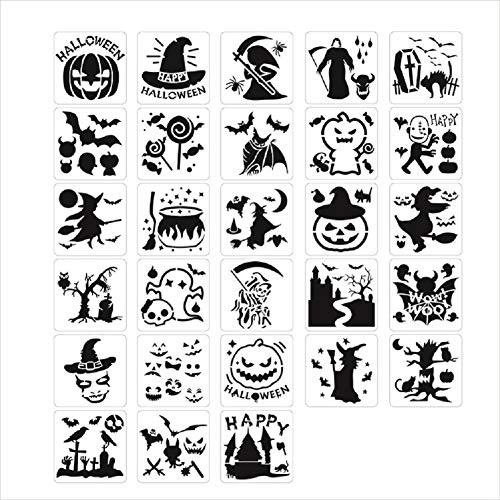 28 plantillas de Halloween – patrón de calabaza, murciélago, búho, castillo viejo, bruja, fantasma para decoración de Halloween, tarjeta de decoración, manualidades, dibujo, pintura, paredes de madera
