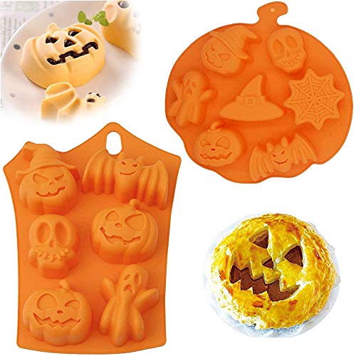 2PCS Moldes de Silicona para Hornear de Halloween, Molde de Silicona de Calabaza de Halloween, para Dulces de Murciélago de Bricolaje, Gelatina de Cara de Calabaza, Caramelos de Calavera, Chocolate