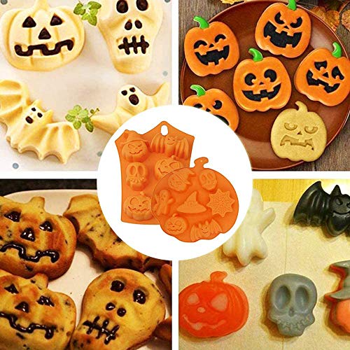 2PCS Moldes de Silicona para Hornear de Halloween, Molde de Silicona de Calabaza de Halloween, para Dulces de Murciélago de Bricolaje, Gelatina de Cara de Calabaza, Caramelos de Calavera, Chocolate