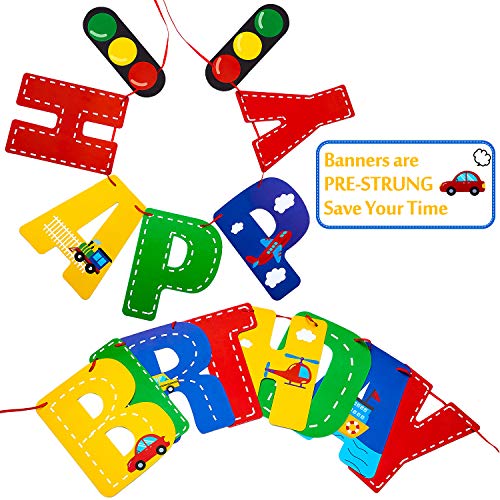 3 Banderas de Cumpleaños de Transporte Guirnalda de Semáforo Coche Autobús Tren Avión Barco Helicóptero y 24 Toppers de Magdalena de Transporte para Suministros Decoración de Baby Shower Fiesta