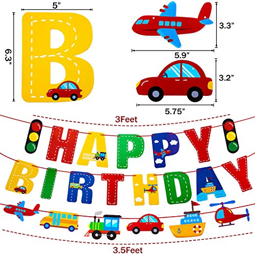 3 Banderas de Cumpleaños de Transporte Guirnalda de Semáforo Coche Autobús Tren Avión Barco Helicóptero y 24 Toppers de Magdalena de Transporte para Suministros Decoración de Baby Shower Fiesta