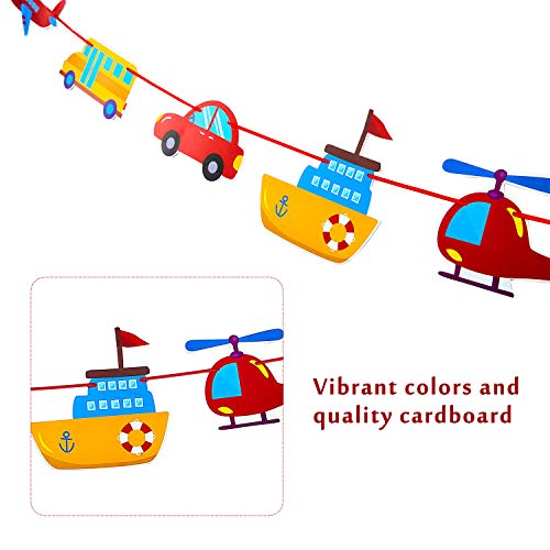 3 Banderas de Cumpleaños de Transporte Guirnalda de Semáforo Coche Autobús Tren Avión Barco Helicóptero y 24 Toppers de Magdalena de Transporte para Suministros Decoración de Baby Shower Fiesta