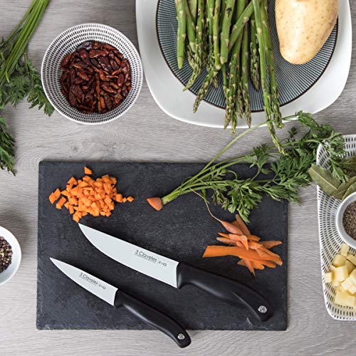 3 Claveles 01734-Set Set Cuchillos, Verduras 9cm + Cocina 13,5cm + Santoku 18cm, línea EVO, Acero, 1 cm