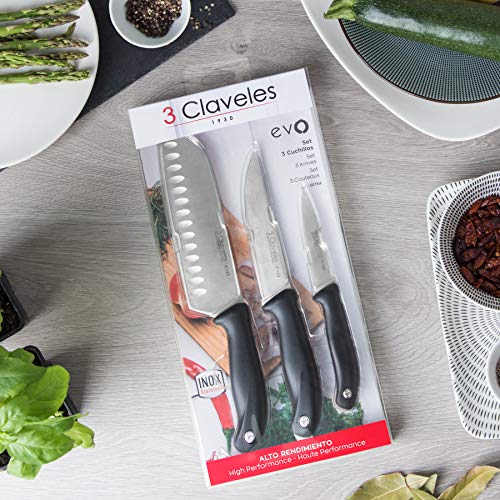 3 Claveles 01734-Set Set Cuchillos, Verduras 9cm + Cocina 13,5cm + Santoku 18cm, línea EVO, Acero, 1 cm