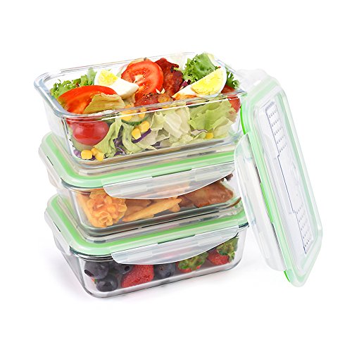[3 Paquete] Symbom Fiambrera 1L Bento Lunch box Vidrio Contenedores de Alimentos Hermético, Para Microondas, Horno, Congelador, Lavavajillas Seguro Recipientes Comida + Cuchillo y Tenedor - BPA Free