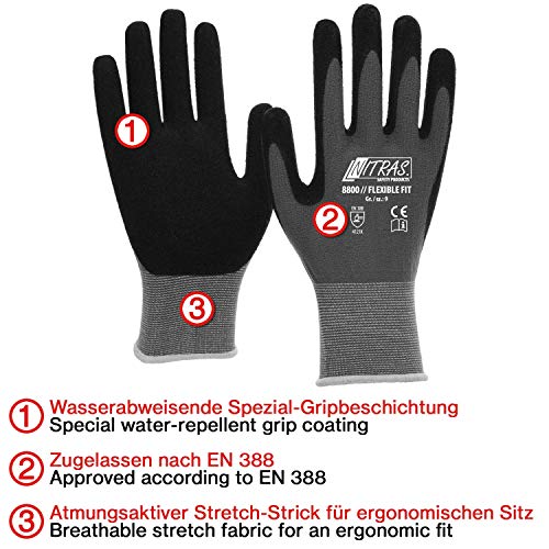 3 Pares Guantes de Trabajo Nitras 8800 EN 388 Flexible Ajuste - Guantes De Mecánico Montaje Guantes de protección Guantes jardín Guantes Todoterreno (M)