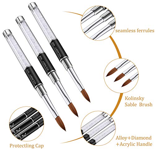 3 Piezas Cepillo Kolinsky Sable Pinceles de Uñas de Acrílico Cristal con Mango Metal y Diamante de Imitación Blanco para Manicura en Polvo Acrílico, Talla 6, Talla 8, Talla 10