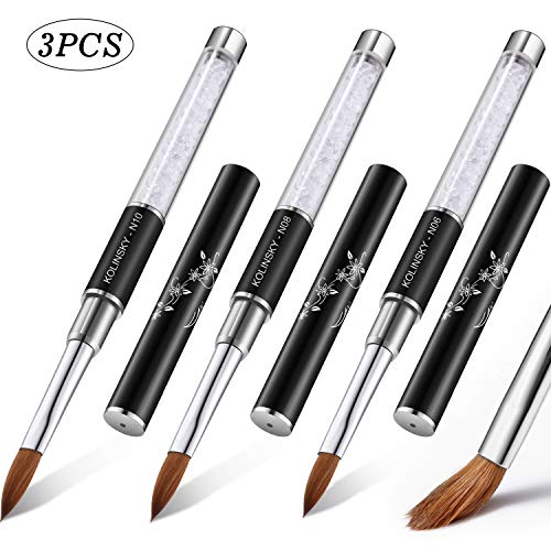3 Piezas Cepillo Kolinsky Sable Pinceles de Uñas de Acrílico Cristal con Mango Metal y Diamante de Imitación Blanco para Manicura en Polvo Acrílico, Talla 6, Talla 8, Talla 10